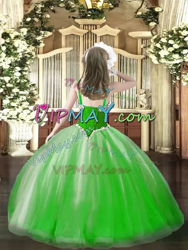 Tulle Straps Sleeveless Lace Up Beading Little Girls Pageant Dress in Green