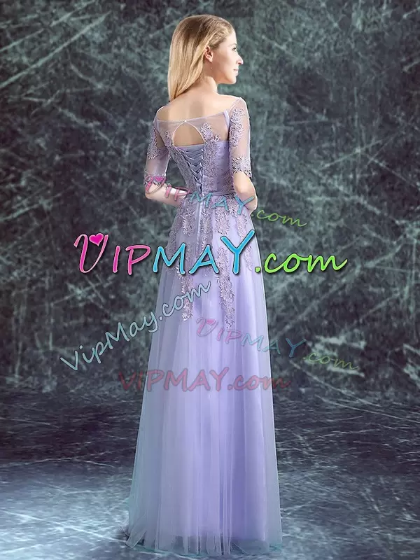 Half Sleeves Tulle Floor Length Lace Up Bridesmaids Dress in Lavender with Appliques