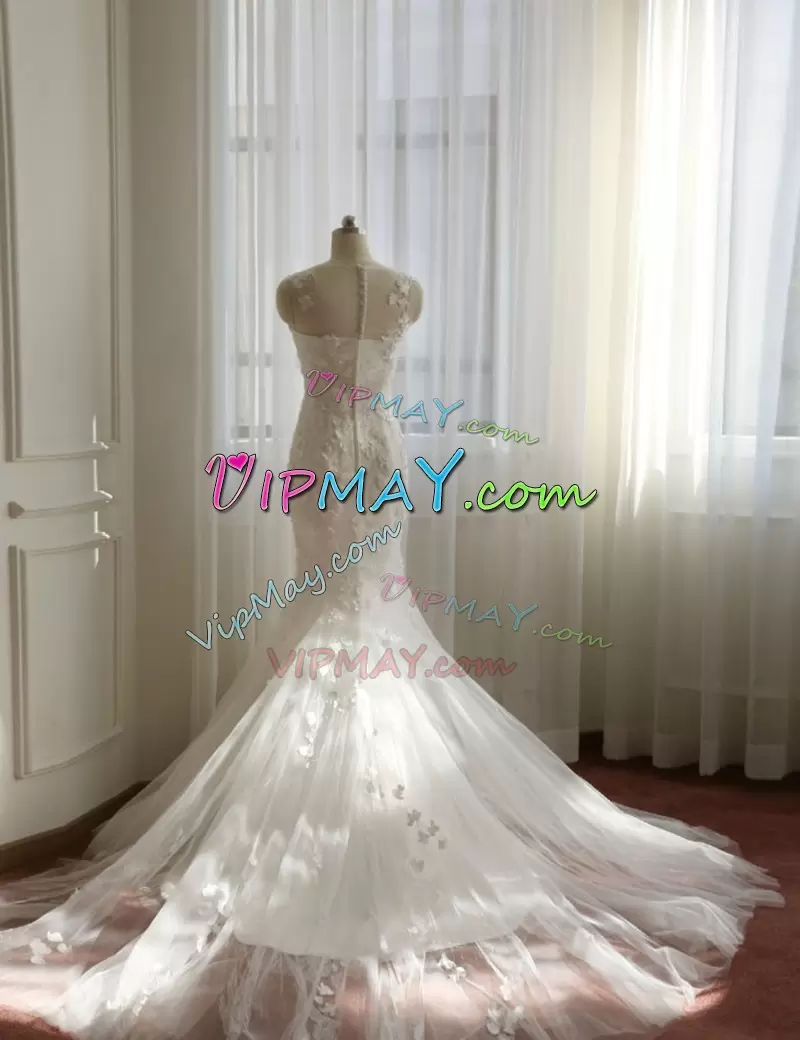 Custom Made White Scoop Neckline Appliques Wedding Gown Sleeveless Clasp Handle