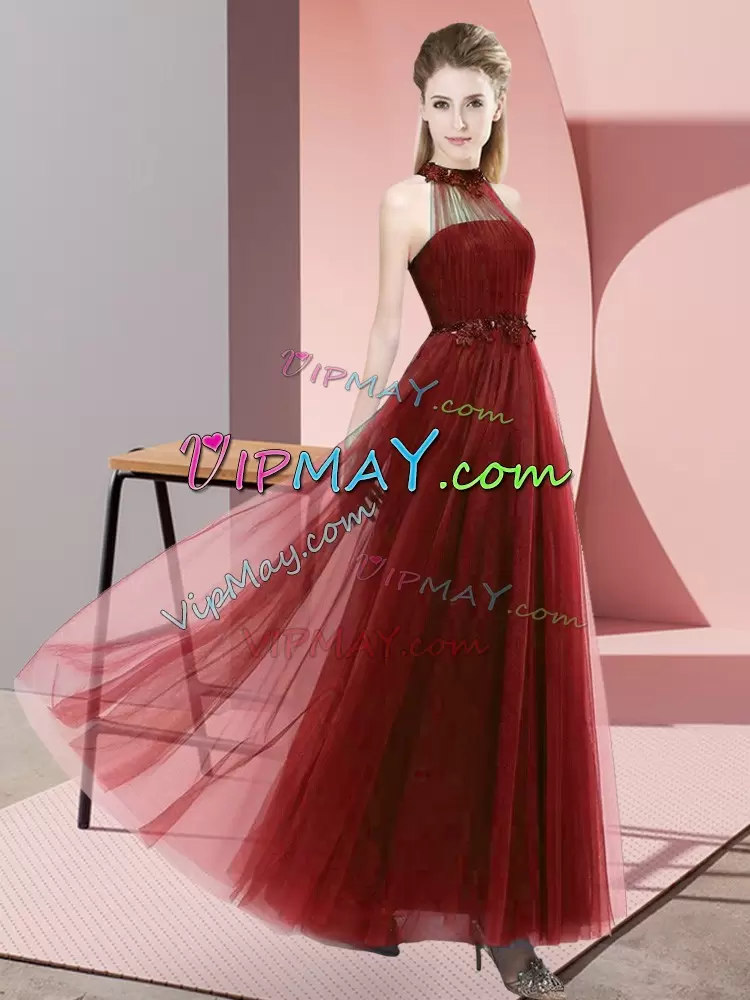 Vintage Halter Top Sleeveless Bridesmaid Dress Floor Length Beading and Appliques Wine Red Tulle