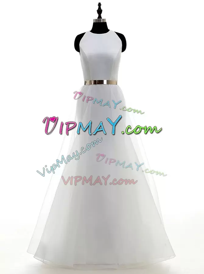 Delicate White Wedding Dress Wedding Party with Ruching and Belt Scoop Sleeveless Zipper