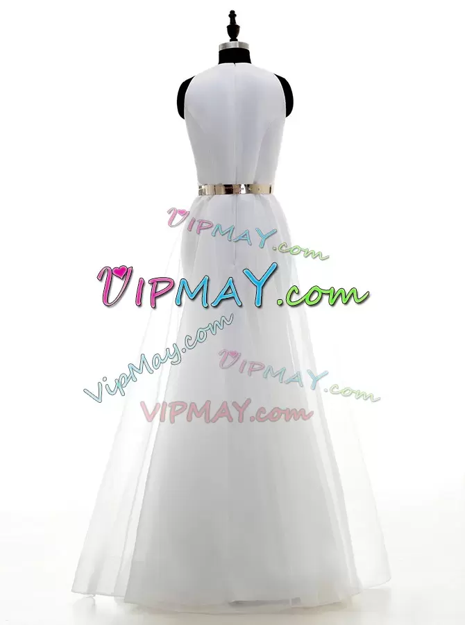 Delicate White Wedding Dress Wedding Party with Ruching and Belt Scoop Sleeveless Zipper