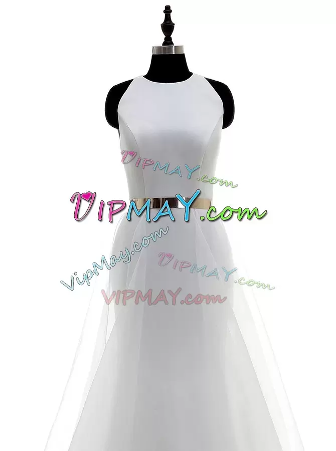 Delicate White Wedding Dress Wedding Party with Ruching and Belt Scoop Sleeveless Zipper