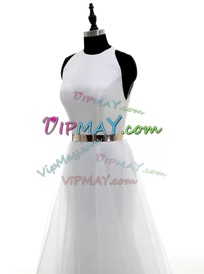 Delicate White Wedding Dress Wedding Party with Ruching and Belt Scoop Sleeveless Zipper