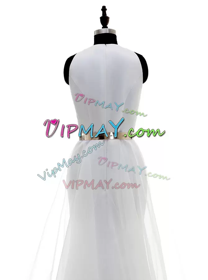 Delicate White Wedding Dress Wedding Party with Ruching and Belt Scoop Sleeveless Zipper