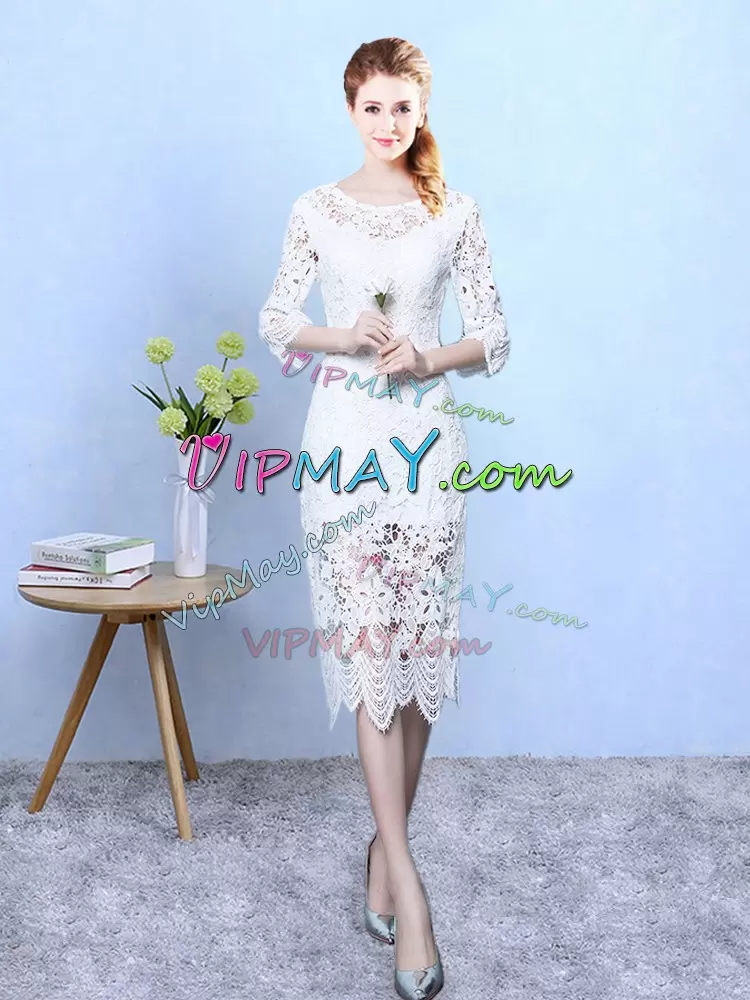 Attractive 3 4 Length Sleeve Lace Tea Length Zipper Quinceanera Dama Dress in White with Lace