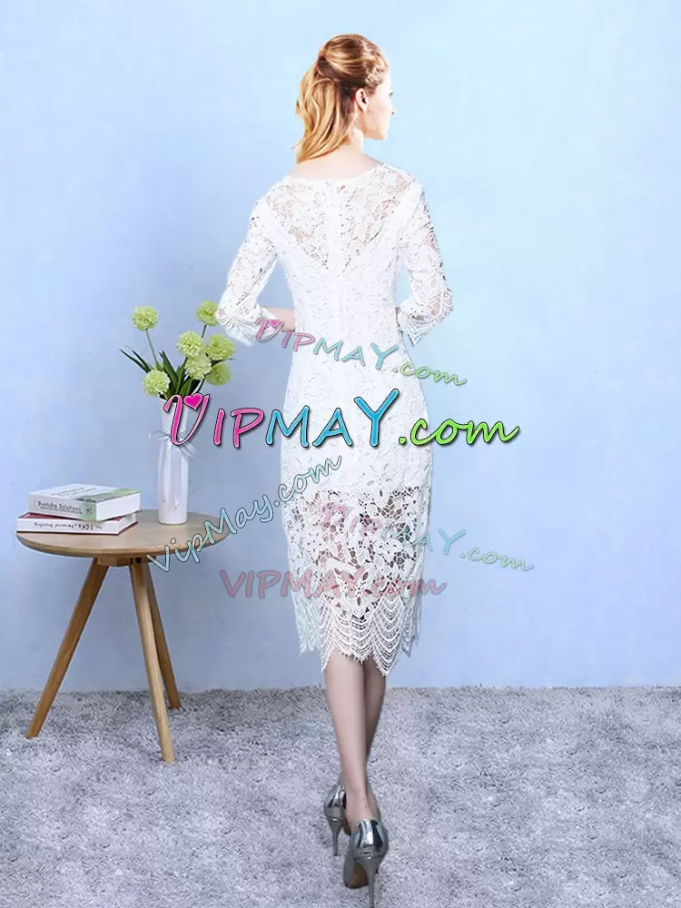 Attractive 3 4 Length Sleeve Lace Tea Length Zipper Quinceanera Dama Dress in White with Lace