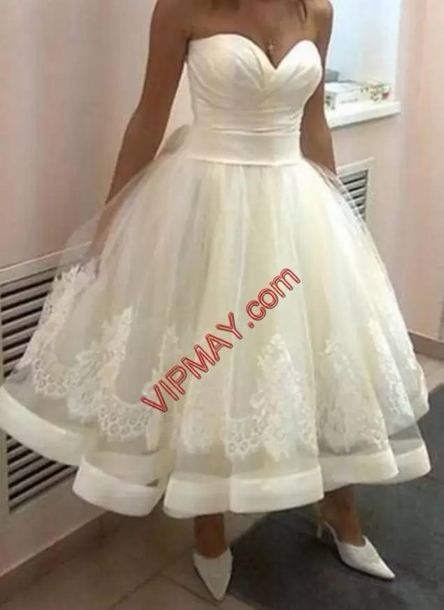 High Class Sweetheart Sleeveless Lace Up Wedding Dresses White Tulle Appliques and Ruching