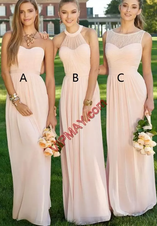 Fantastic Floor Length Empire Sleeveless Pink Bridesmaid Gown Lace Up