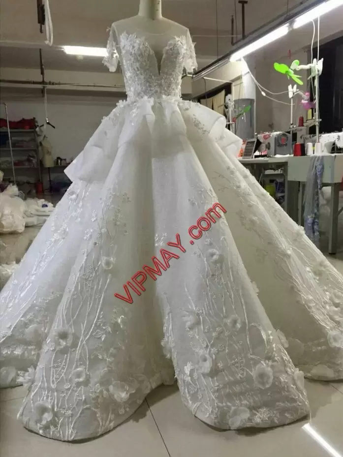 V-neck Short Sleeves Organza Wedding Gown Appliques and Hand Made Flower Cathedral Train Zipper