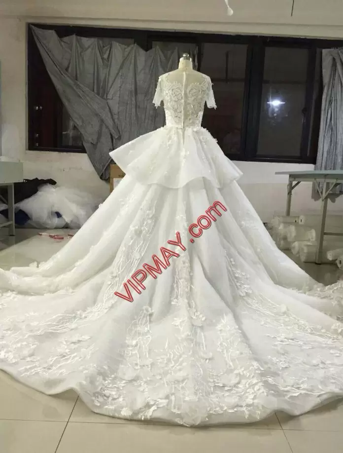 V-neck Short Sleeves Organza Wedding Gown Appliques and Hand Made Flower Cathedral Train Zipper