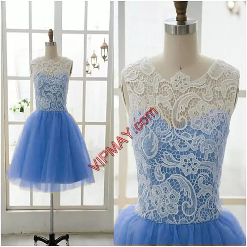 Sleeveless Tulle Mini Length Lace Up Court Dresses for Sweet 16 in Blue with Lace
