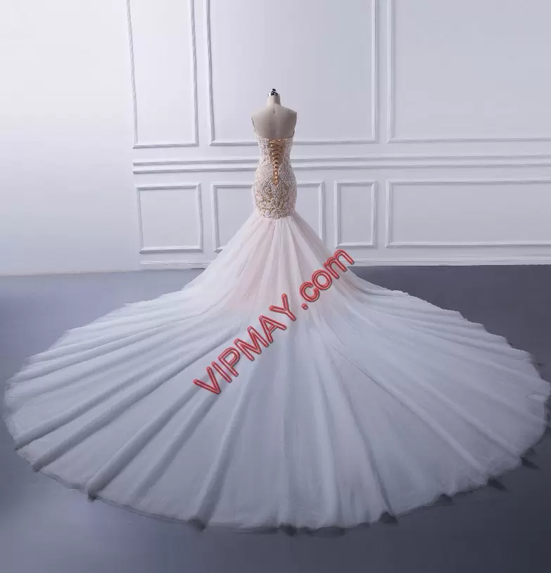 Perfect White Sleeveless Sweep Train Beading and Lace Floor Length Bridal Gown