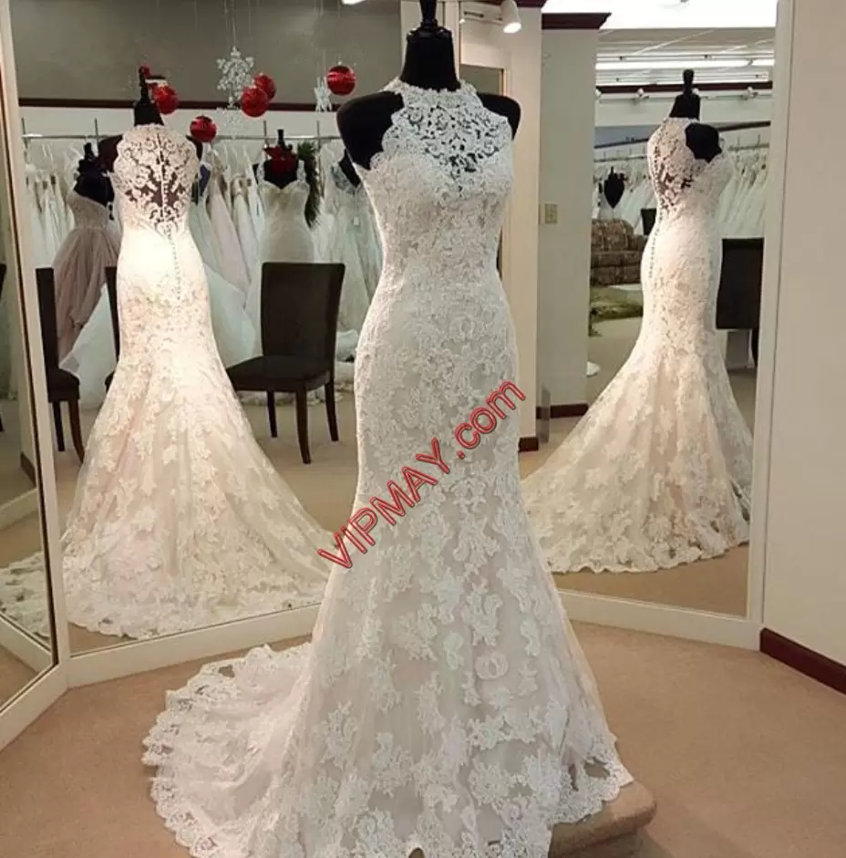 Fashionable Sleeveless Lace Sweep Train Lace Up Wedding Gowns in Champagne with Lace