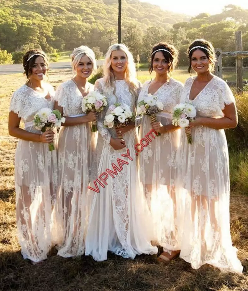 Edgy Lace Bridesmaids Dress White Zipper Short Sleeves Floor Length