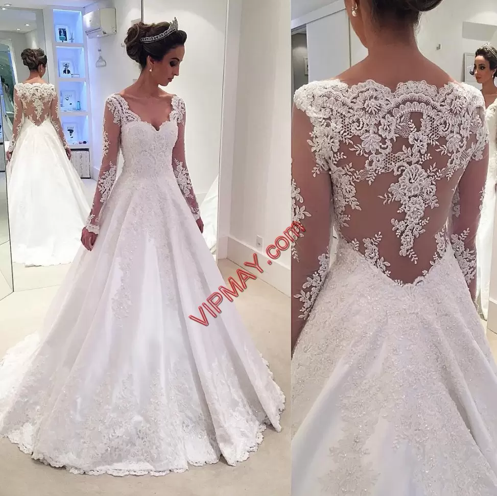 Modest V-neck Long Sleeves Bridal Gown With Court Train Lace See Through Back