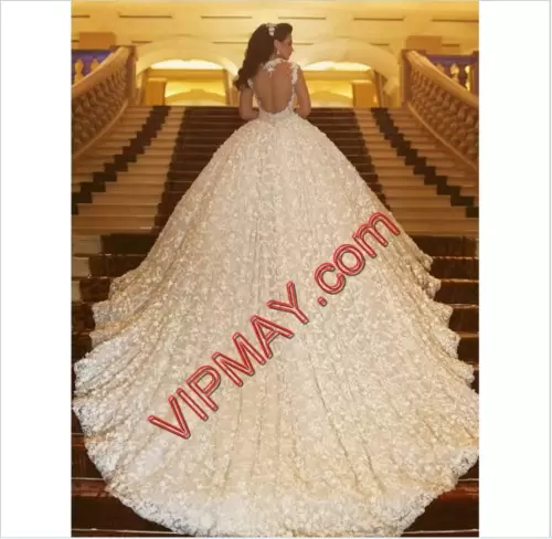 Top Selling Cap Sleeves Lace Chapel Train Backless Wedding Gowns in White with Lace