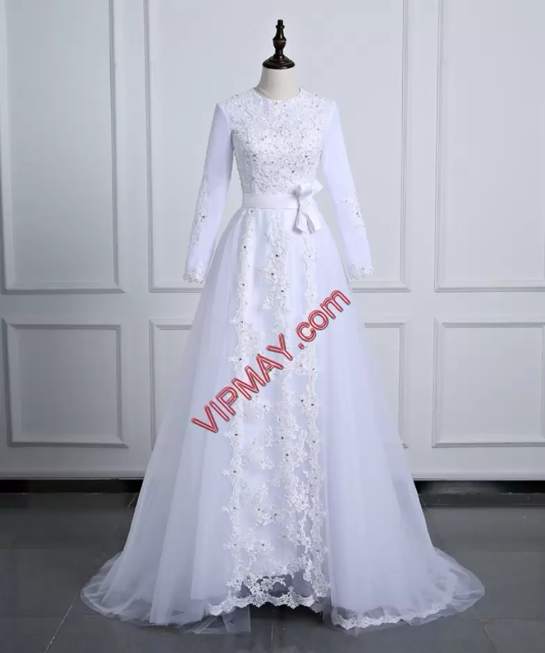 White Zipper Wedding Gowns Lace and Appliques Long Sleeves Floor Length