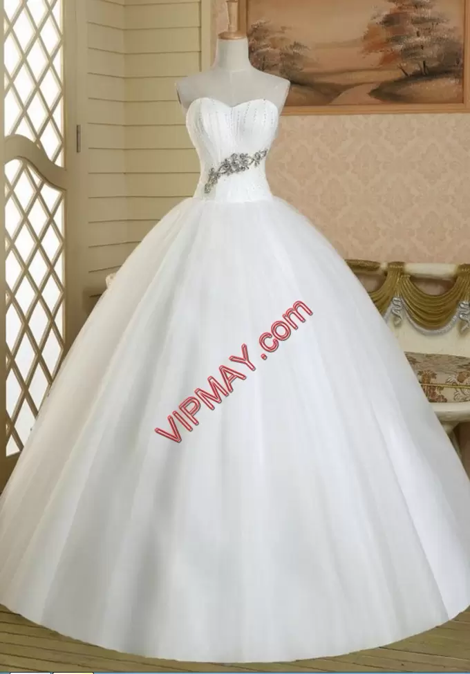 Beauteous White Lace Up Sweetheart Beading Wedding Gowns Tulle Sleeveless