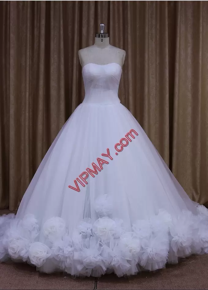 Fantastic Strapless Sleeveless Wedding Gown Cathedral Train Hand Made Flower White Tulle