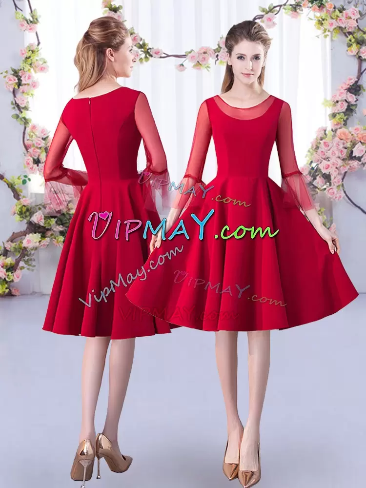 Red Satin Zipper Quinceanera Dama Dress 3 4 Length Sleeve Knee Length Ruching