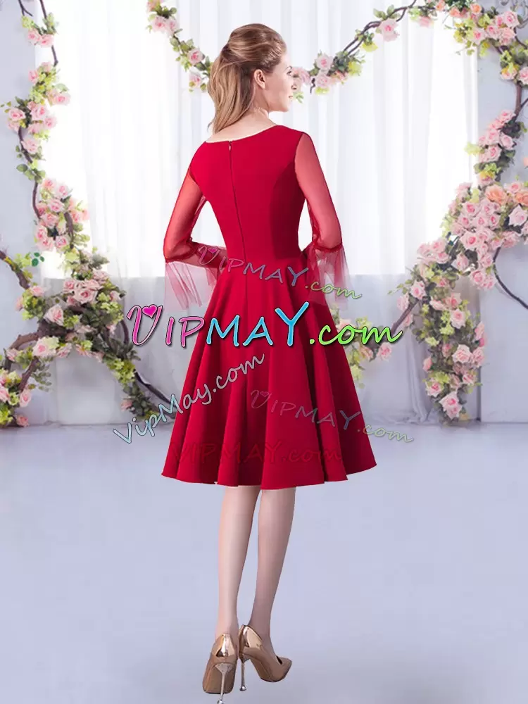 Red Satin Zipper Quinceanera Dama Dress 3 4 Length Sleeve Knee Length Ruching