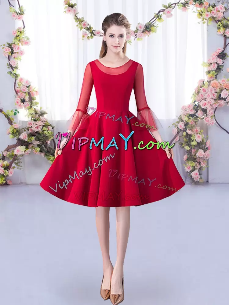 Red Satin Zipper Quinceanera Dama Dress 3 4 Length Sleeve Knee Length Ruching