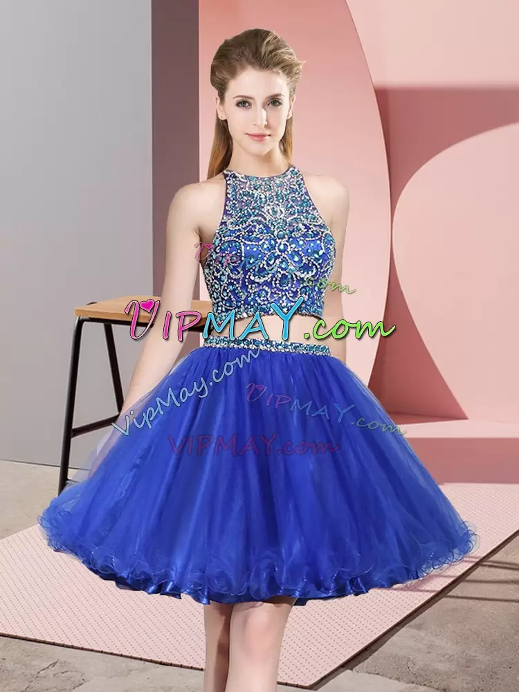 Simple Royal Blue Tulle Backless Scoop Sleeveless Mini Length Bridesmaid Dress Beading