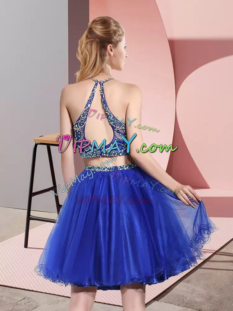 Simple Royal Blue Tulle Backless Scoop Sleeveless Mini Length Bridesmaid Dress Beading