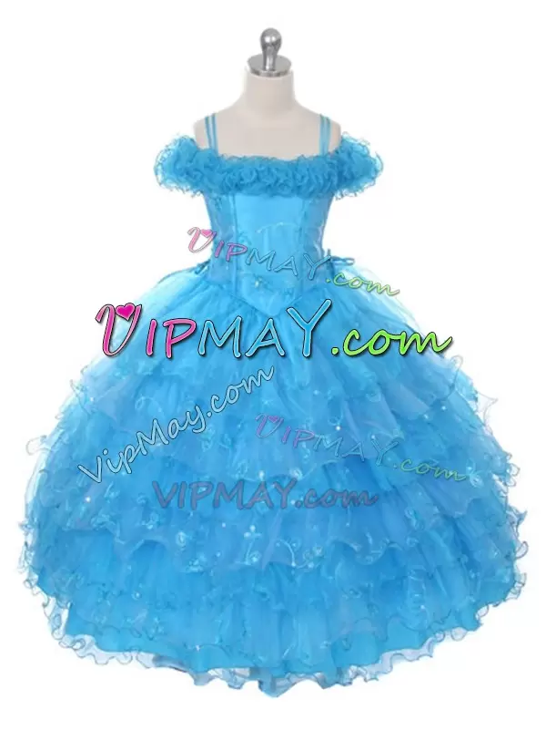 Super Off The Shoulder Sleeveless Child Pageant Dress Floor Length Ruffles and Ruffled Layers Baby Blue Organza