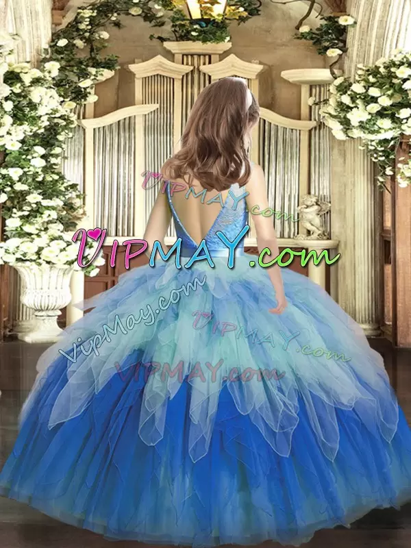 Multi-color Ball Gowns Lace and Ruffles Pageant Dress Backless Tulle Sleeveless Floor Length