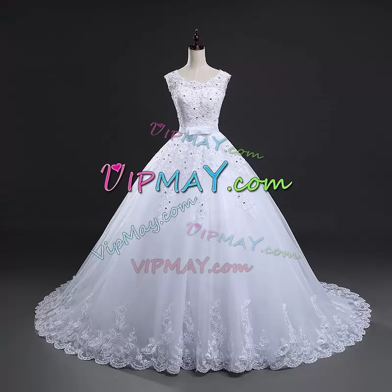 Fashion Sleeveless Scoop Sweep Train Lace Up Beading and Appliques and Bowknot and Belt Bridal Gown Scoop