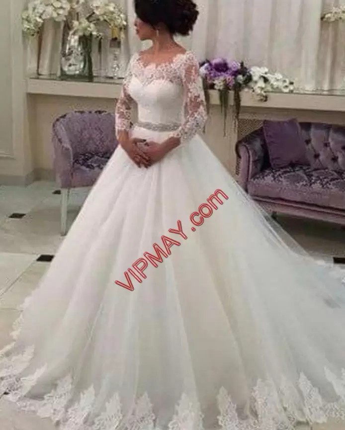 Best Tulle Long Sleeves With Train Wedding Gown Brush Train and Beading and Appliques