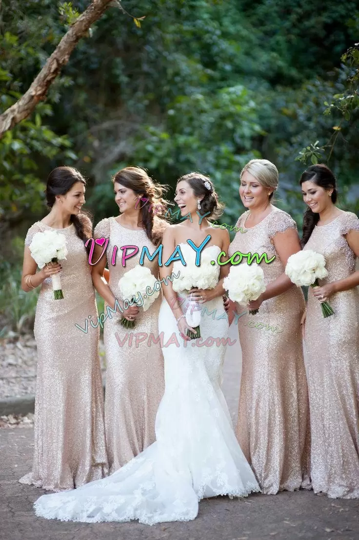 On Sale Champagne Scoop Ruching Bridesmaid Dress Brush Train Cap Sleeves