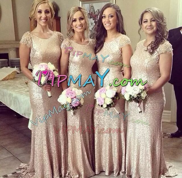 On Sale Champagne Scoop Ruching Bridesmaid Dress Brush Train Cap Sleeves