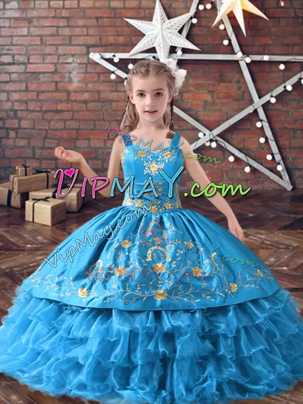 Sleeveless Satin and Organza Floor Length Lace Up Little Girl Pageant Gowns in Baby Blue with Embroidery and Ruffled Layers