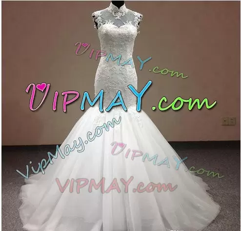 Luxury White High-neck Lace Up Lace and Appliques Wedding Dress Court Train Sleeveless