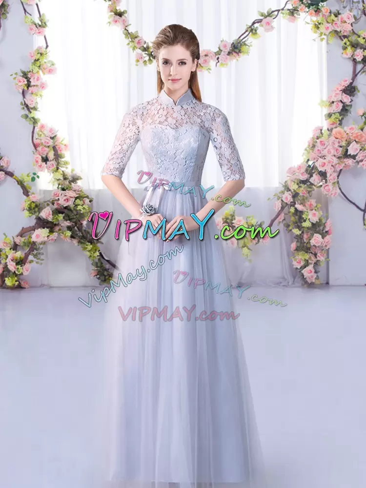 High-neck Half Sleeves Bridesmaid Dresses Floor Length Lace Grey Tulle