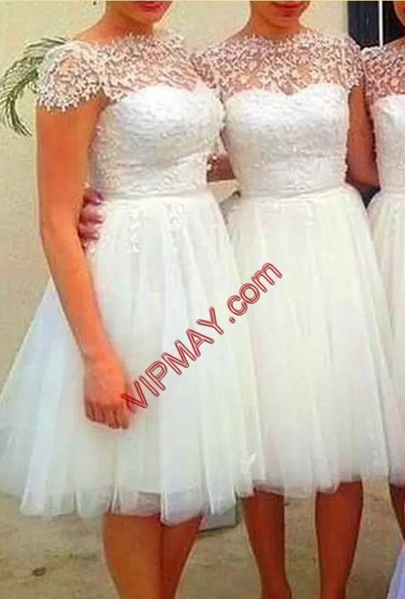 New Style Knee Length Lace Up Bridesmaid Dress White for Party and Wedding Party with Appliques