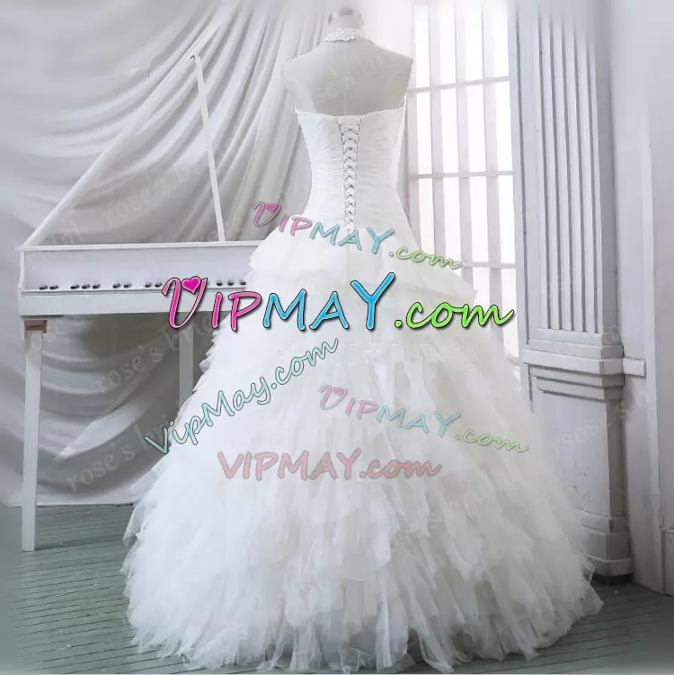 White Ball Gowns Beading and Ruffles Wedding Gowns Lace Up Tulle Sleeveless Floor Length