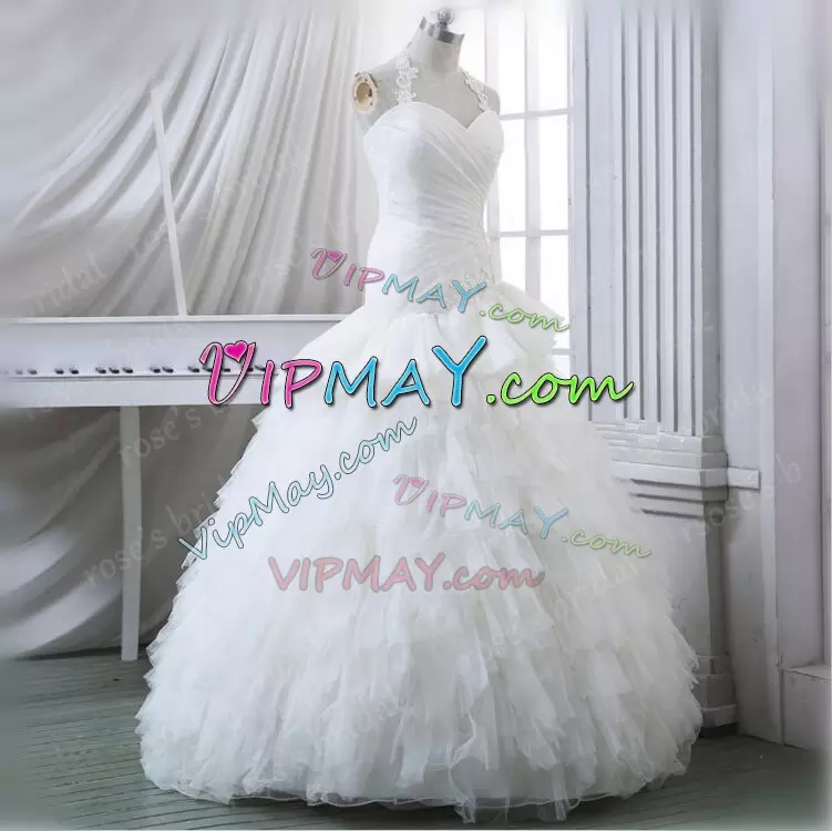 White Ball Gowns Beading and Ruffles Wedding Gowns Lace Up Tulle Sleeveless Floor Length