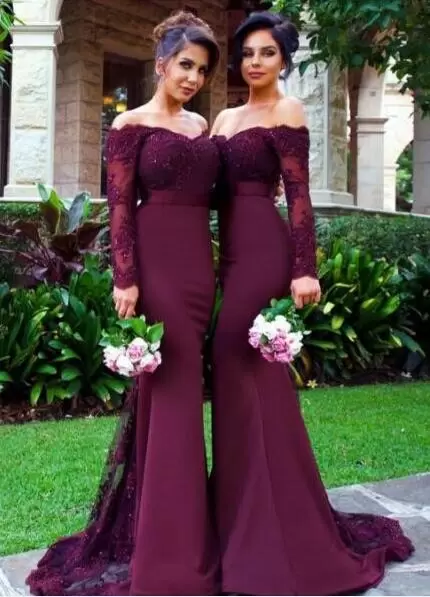 Great Burgundy Wedding Guest Dresses Party and Wedding Party with Lace and Appliques Strapless Long Sleeves Brush Train