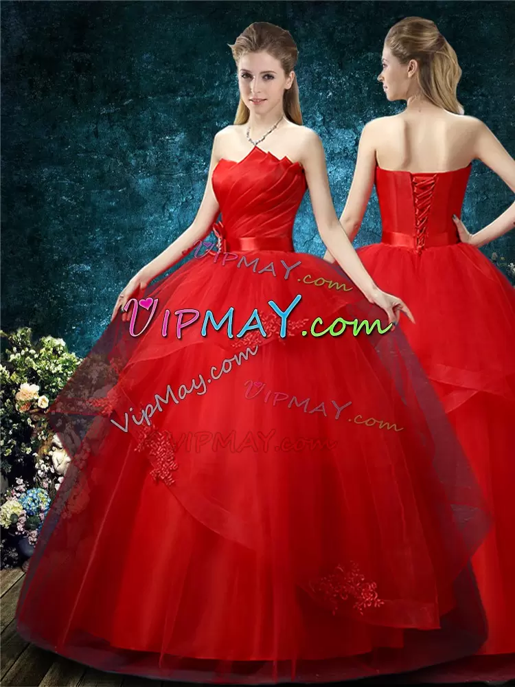 Super Red Organza Lace Up Wedding Gowns Sleeveless Floor Length Appliques
