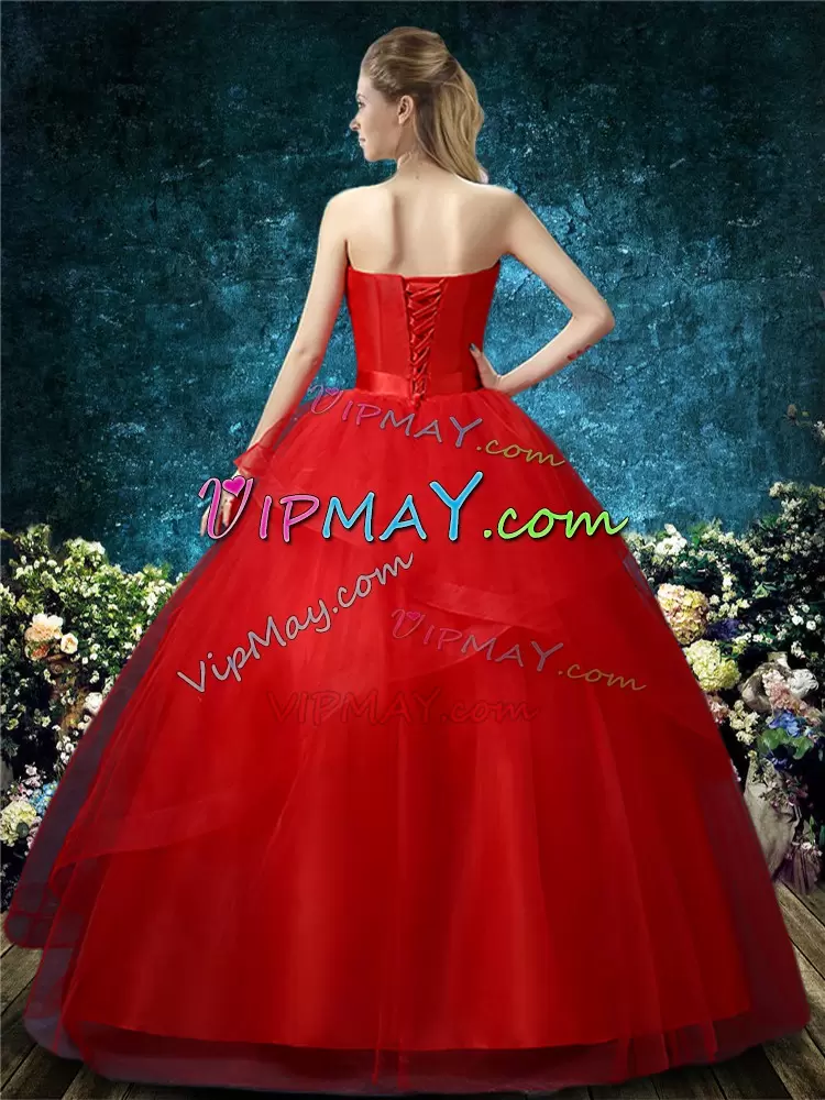 Super Red Organza Lace Up Wedding Gowns Sleeveless Floor Length Appliques