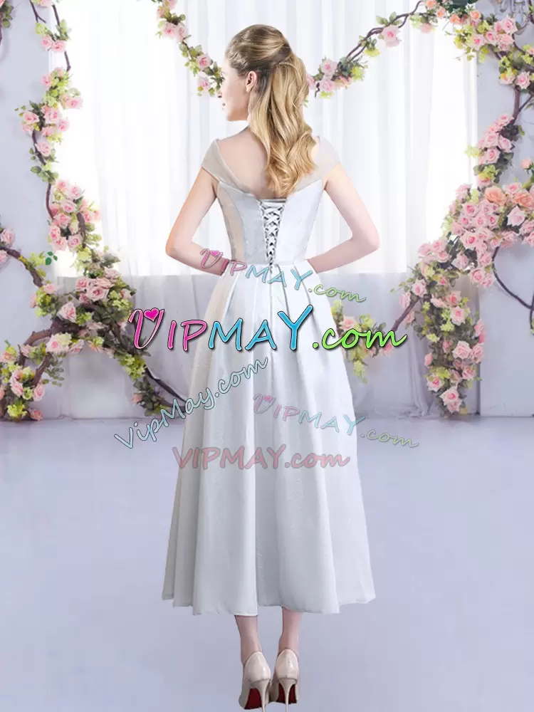 Cap Sleeves Satin Tea Length Lace Up Wedding Party Dress in Silver with Appliques