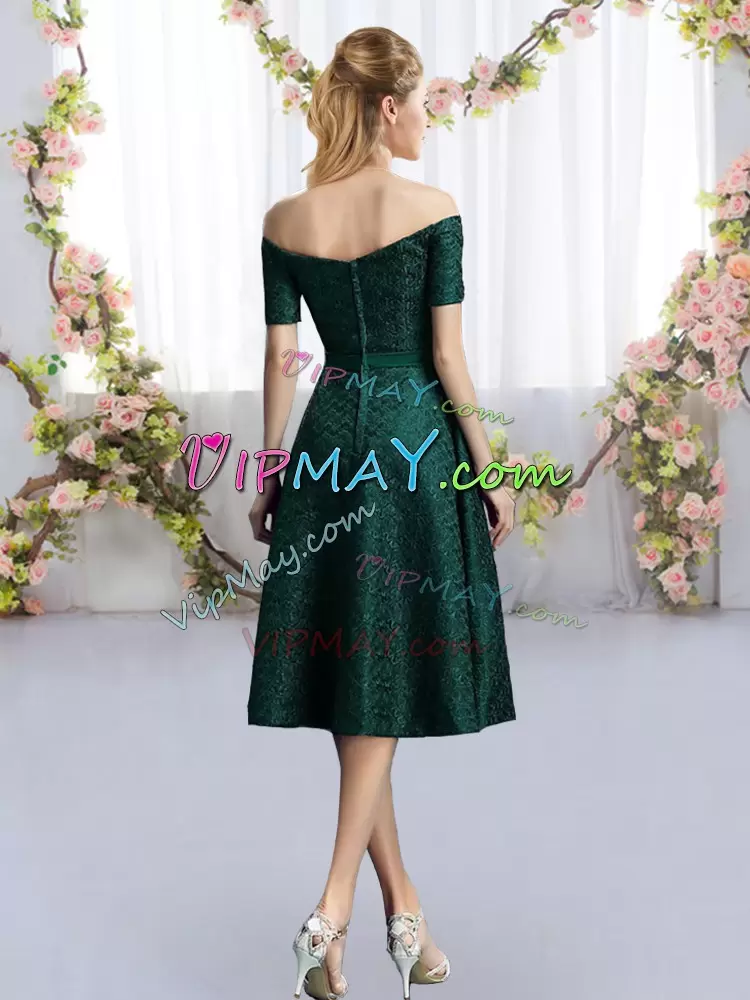 Traditional Dark Green Short Sleeves Belt Tea Length Bridesmaids Dress