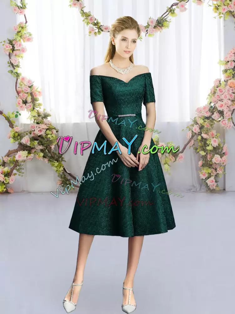 Traditional Dark Green Short Sleeves Belt Tea Length Bridesmaids Dress