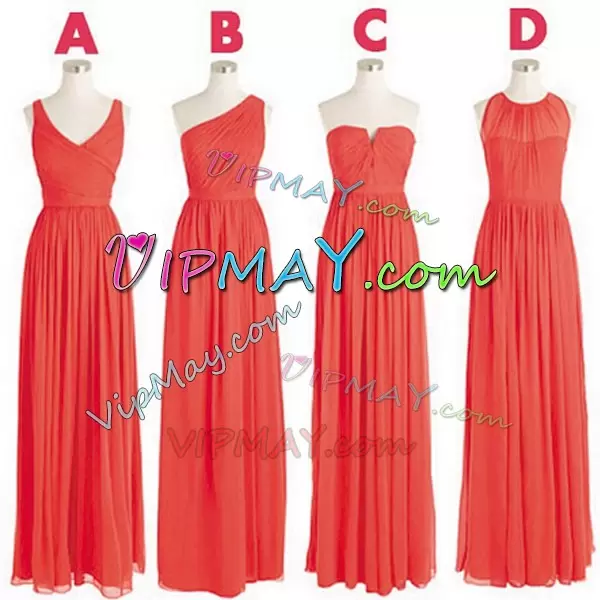 Watermelon Red Wedding Guest Dresses Ruching Sleeveless Floor Length