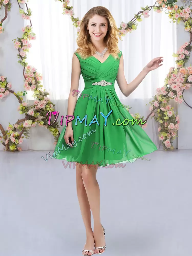 Sweet Chiffon V-neck Sleeveless Zipper Belt Dama Dress in Green