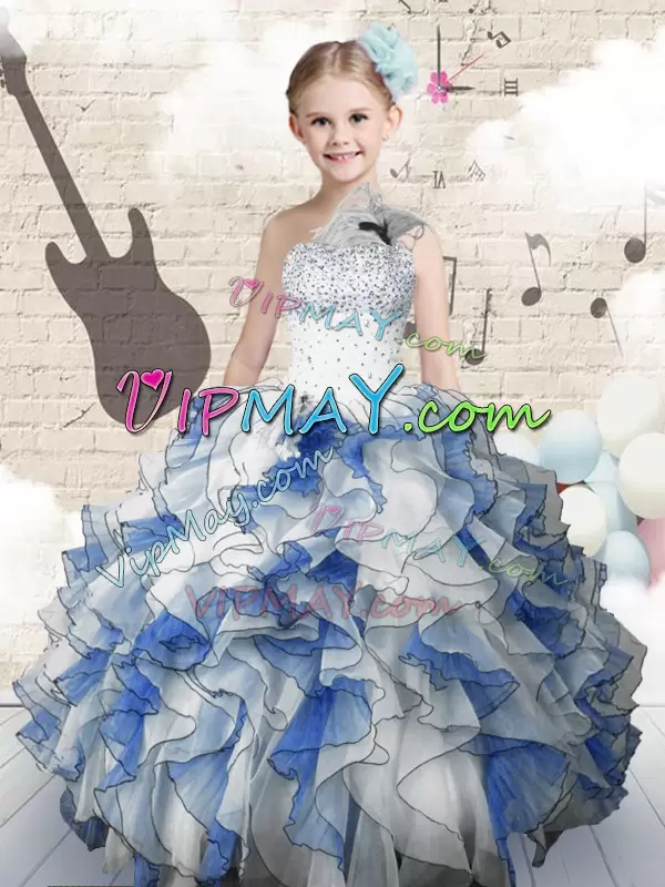 Blue And White Lace Up Little Girls Pageant Gowns Beading and Ruffles Sleeveless Floor Length